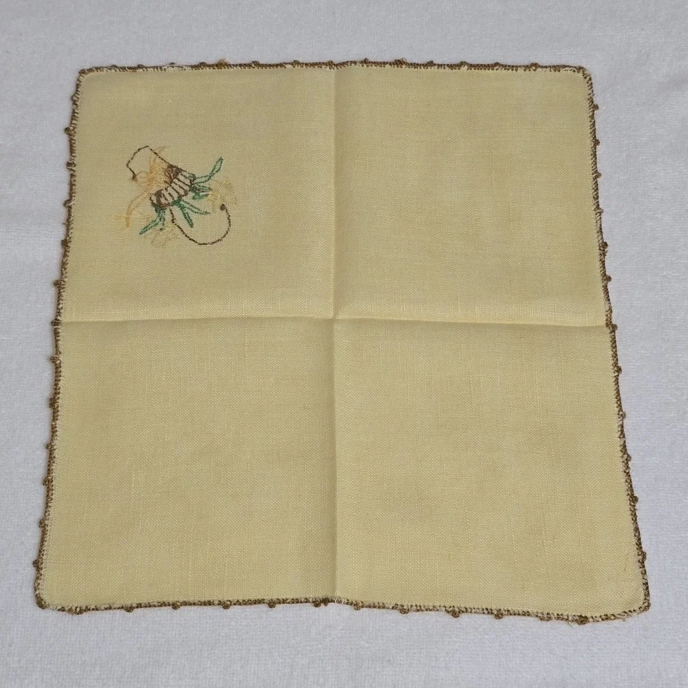VTG‎ Hand Embroidered Linen Napkins Set of 4 Yellow Floral Basket Crochet Trim